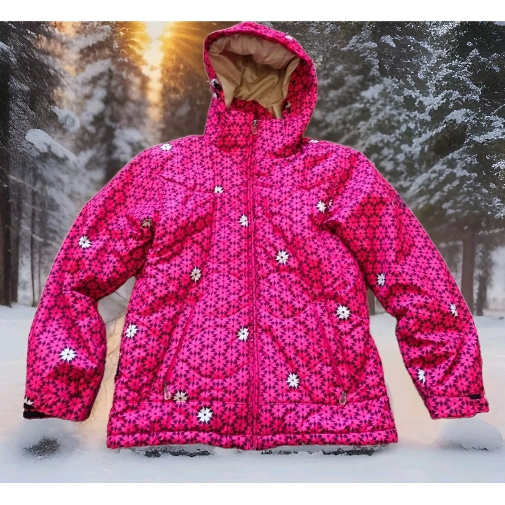 Turbine Ski Jacket Girl Large Pink Snowflake Puffer Hooded Winter Coat Excellent